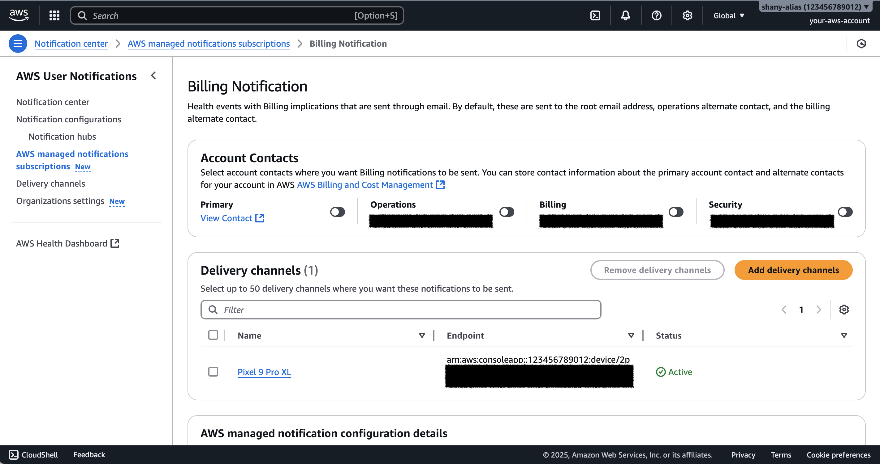 Billing notifications category page with a section to manage account contact subscriptions and a section to manage delivery channels. 